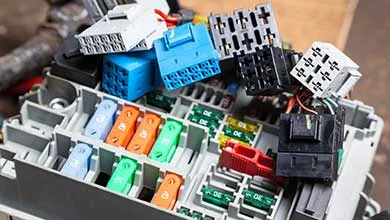 Close-up of an open automotive fuse box containing blue, orange, and green blade fuses, topped with various electrical connectors and relays.