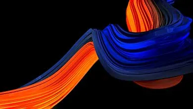 Abstract 3D ribbons, blue and orange, flow and overlap on black.