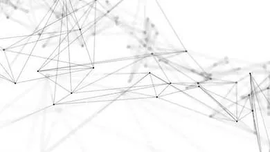 Black-and-white abstract graphic showing a web of interconnected dots and lines, resembling a digital network on a white background.
