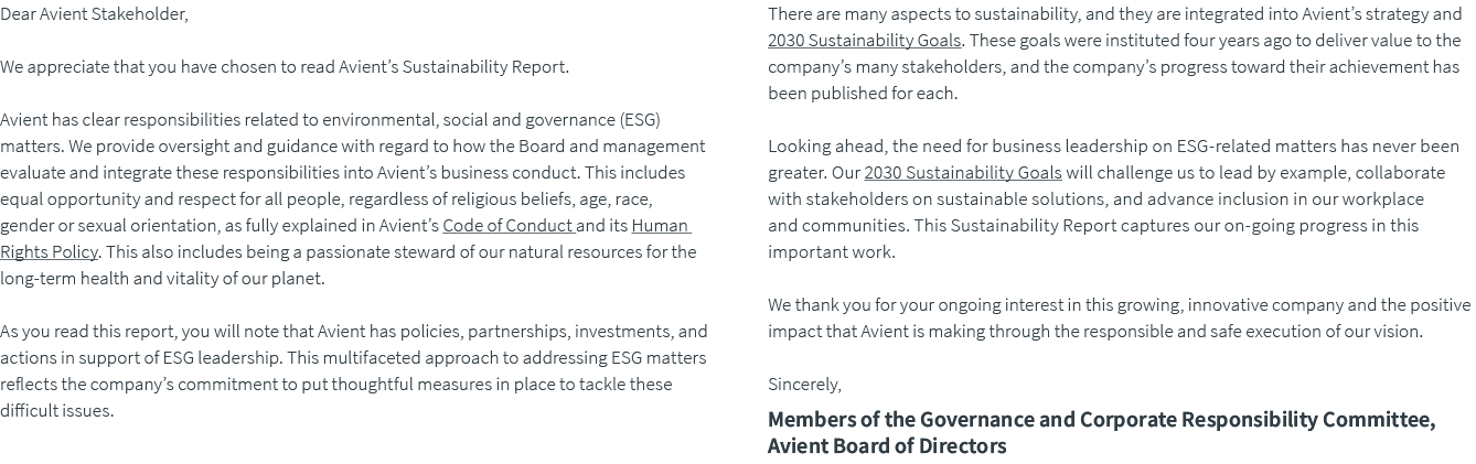 Dear Avient Stakeholder, We appreciate that you have chosen to read Avient’s Sustainability Report. Avient has clear ...