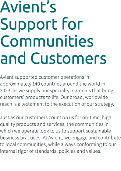 Avient’s Support for Communities and Customers Avient supported customer operations in approximately 140 countries ar...